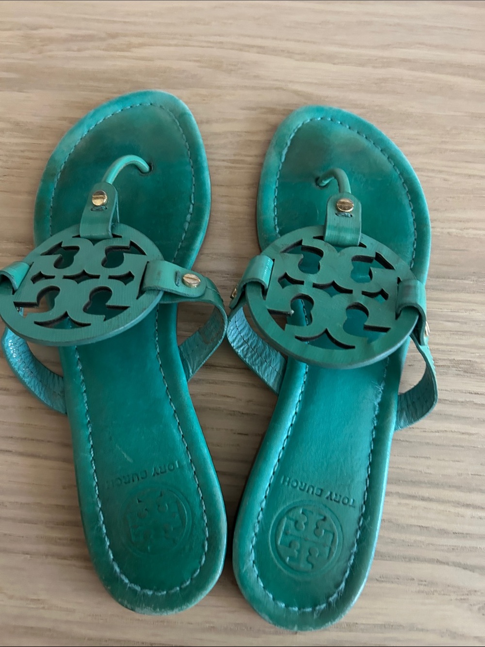 Tory Burch Teal Leather Miller Logo Thong Sandals